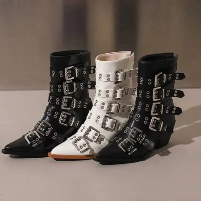 2024 Women\'s Fashion Pointed Punk Style Belt Buckle Pullback Short Boots European and American Sexy Nightclub Banquet Boots