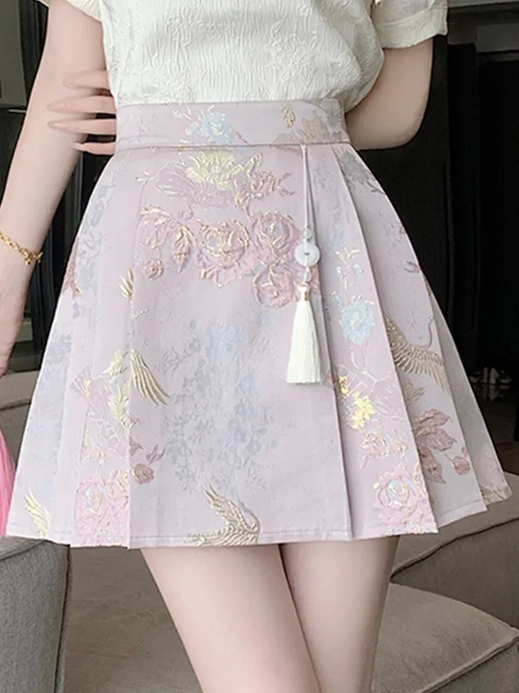 Saia plissada Jacquard bordada para mulheres, cintura alta, saia curta fina em linha A, novo estilo chinês, primavera-verão, 2024