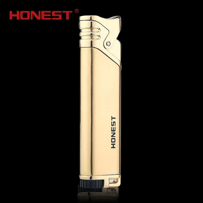 HONEST Straight Metal Ultra-thin Ultra-thin Jet Torch Straight Inflatable Windproof Butane Lighter Metal Blue Flame Fashion Gift