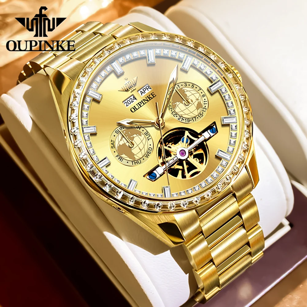 

OUPINKE Men's Watches Top Brand Luxury Fine Steel Original Automatic Mechanical Wristwatch Complete Calendar Waterproof Luminous