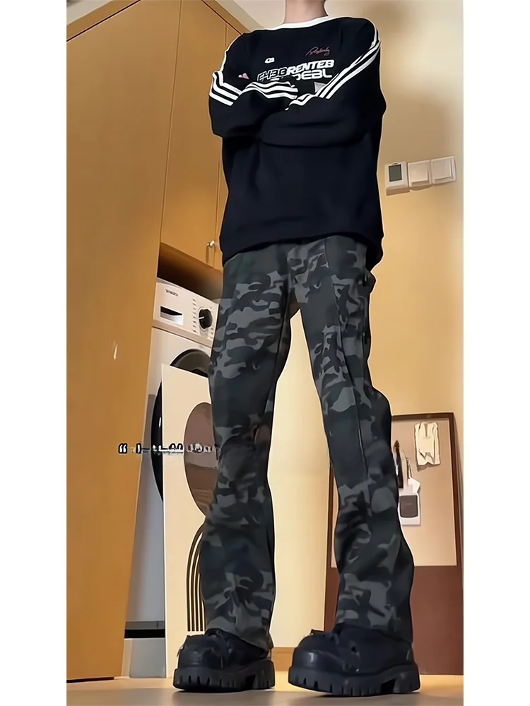 

American Sle Camouflage Thiened Fce Men's Jeans Autumn Winter Straight Leg Micro Flared Pants High Street Carpenter Pants