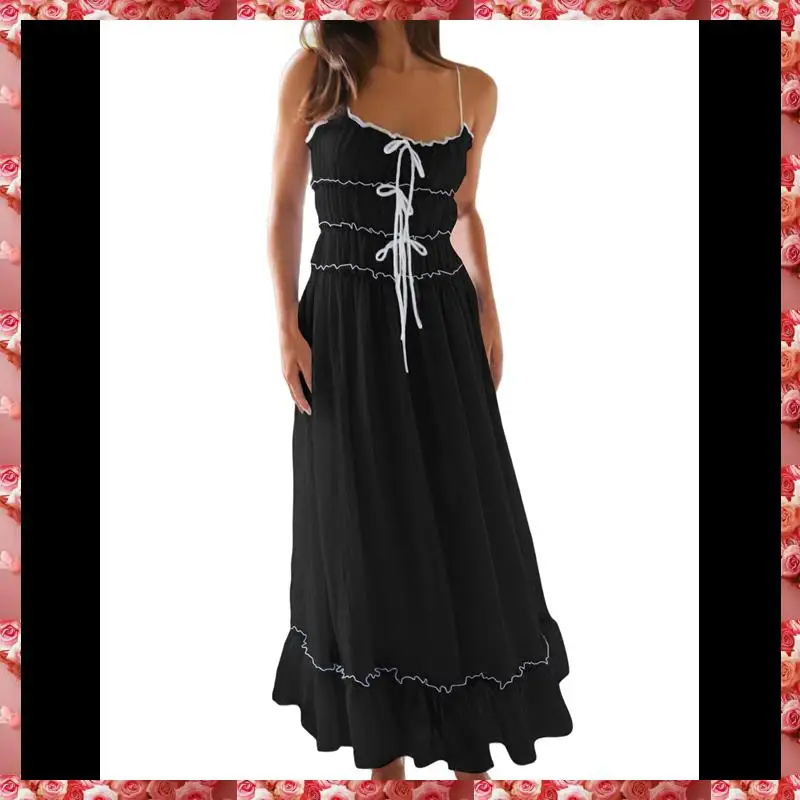 Womens 2025 Summer Dress Casual Sleeveless Spaghetti Strap RIC Rac Trim Smocked Ruffle Beach Long Maxi Dress