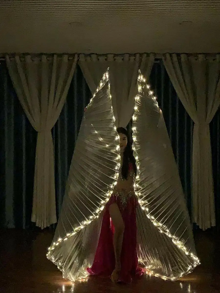 ชุดคลุมปีกเรืองแสง LED สีเงินเหลือง สำหรับการแสดงระบำหน้าท้องในวันฮาโลวีน