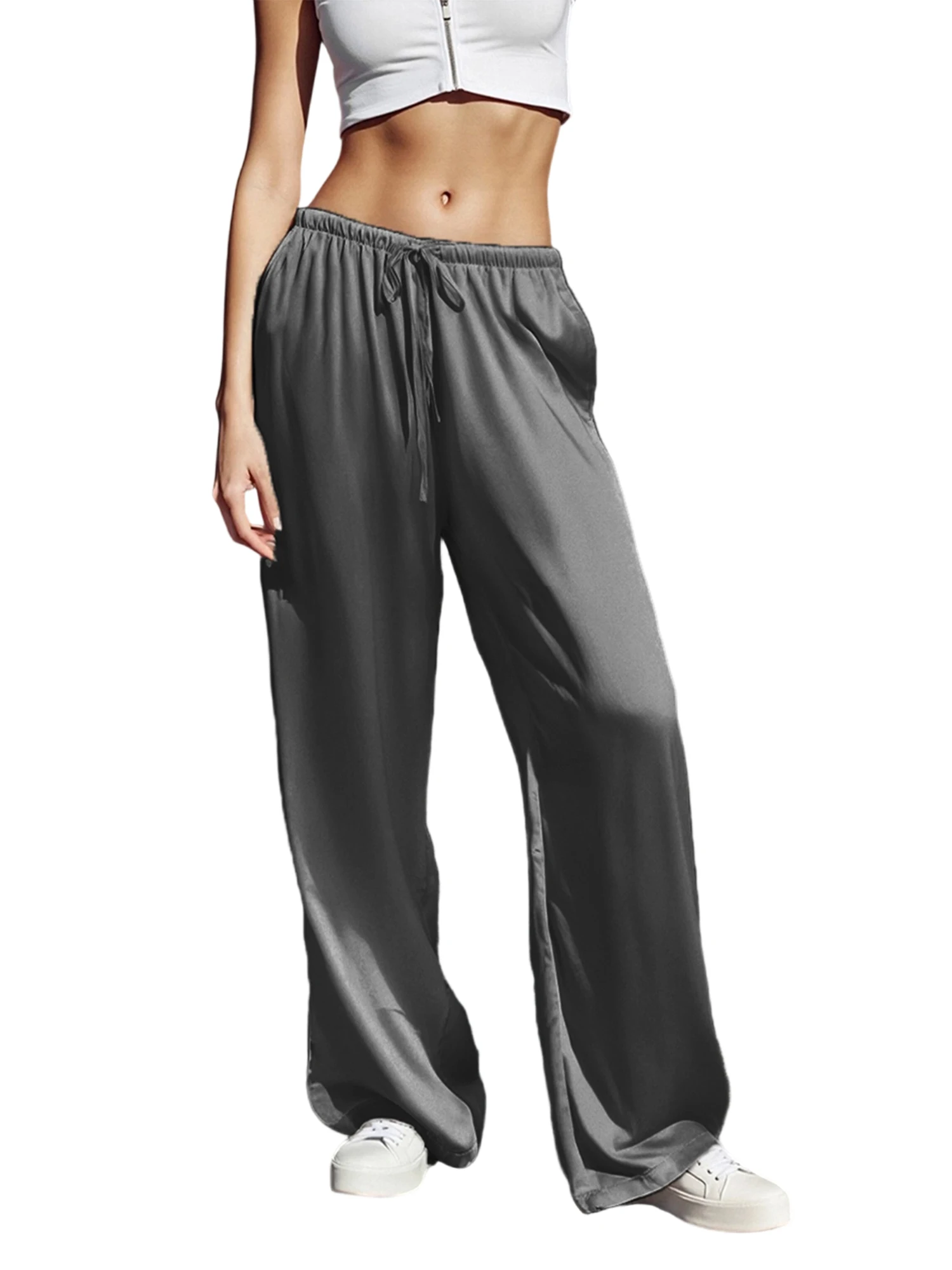 Calças femininas de seda com pernas largas, cordão, cintura alta, cor sólida, calças soltas, calças fluidas