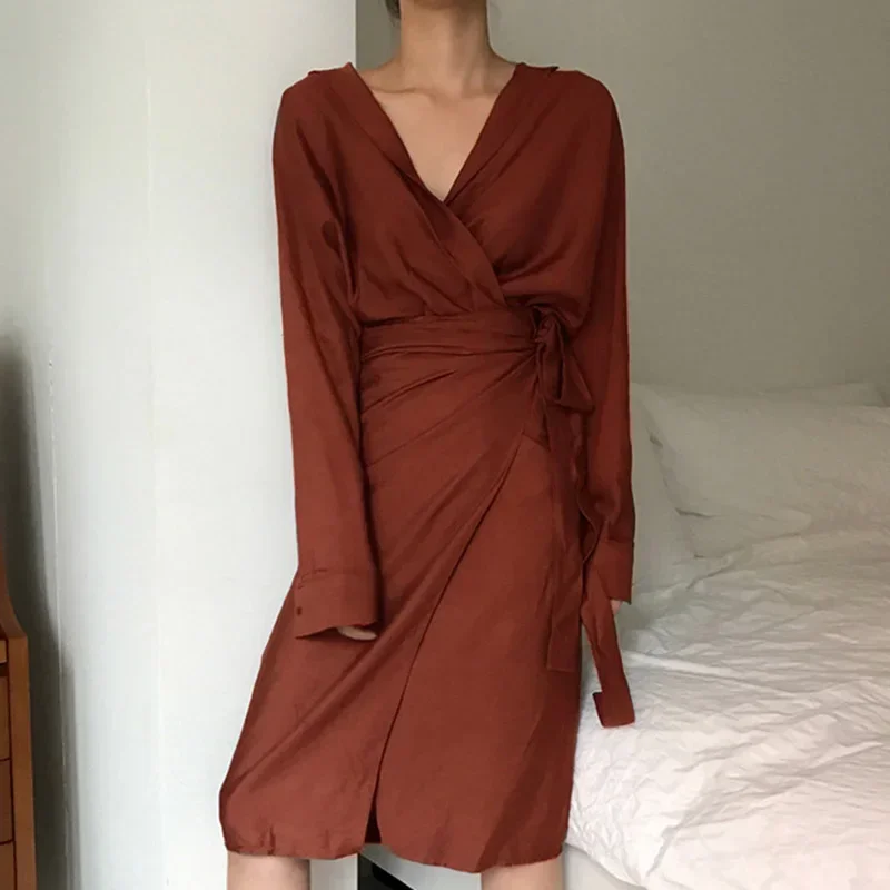 2024 Retro Mid-length Dress Vestidos Mujer Chic V Neck Wrap Dress Ladies Solid Color Long Sleeve Elegant Office Ladies Dress