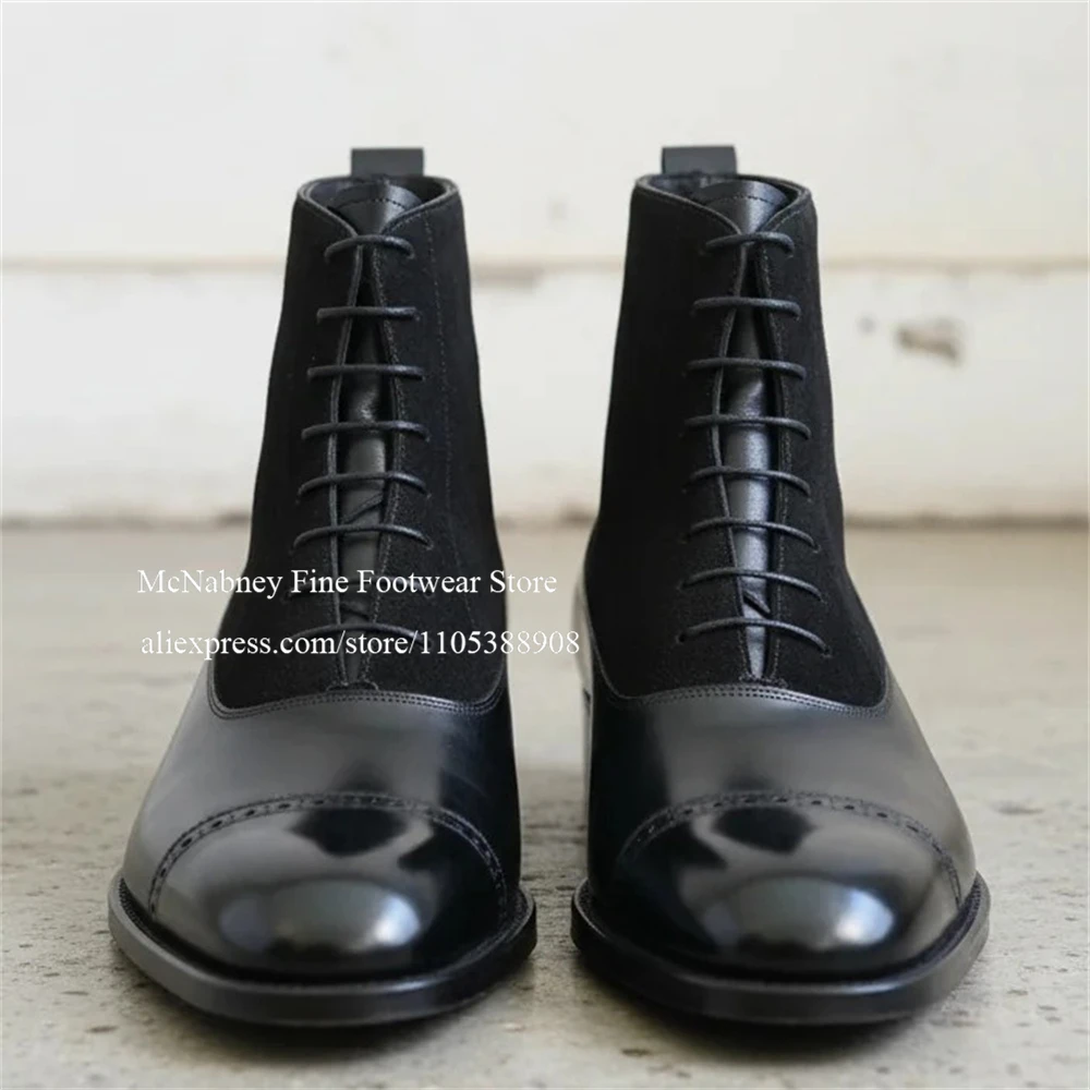 Texture Men Leather Suede Patchwork Brogue Oxfords Boots Cap Toe Lace up Ankle Boots Formal Business Wedding Dress Boots for Men