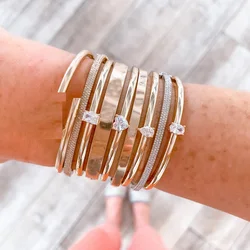 Geometric Rectangle Tear Drop Heart Oval 5A Cubic Zirconia CZ Open Adjusted Simple Gold Color Bangle For Women