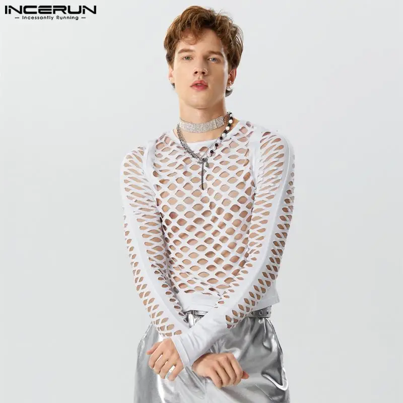 American Style Fashionable New Men Hollow Mesh Design T-shirts Casual Party Sexy Short Sleeved Camiseta S-3XL INCERUN Tops 2023