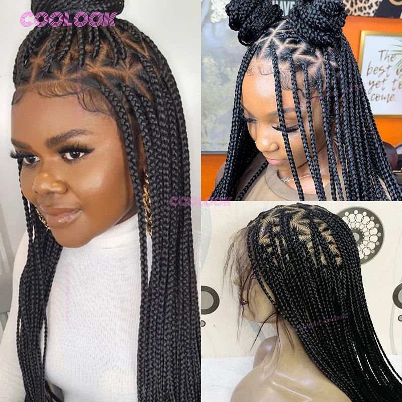 26-Zoll-Dreieck-Zöpfe-Haarperücke, synthetische Vollspitze, geflochtene Perücken für schwarze Frauen, knotenlose Box-Zopf-Perücke, Cornrow-Zöpfe, Spitzenperücke