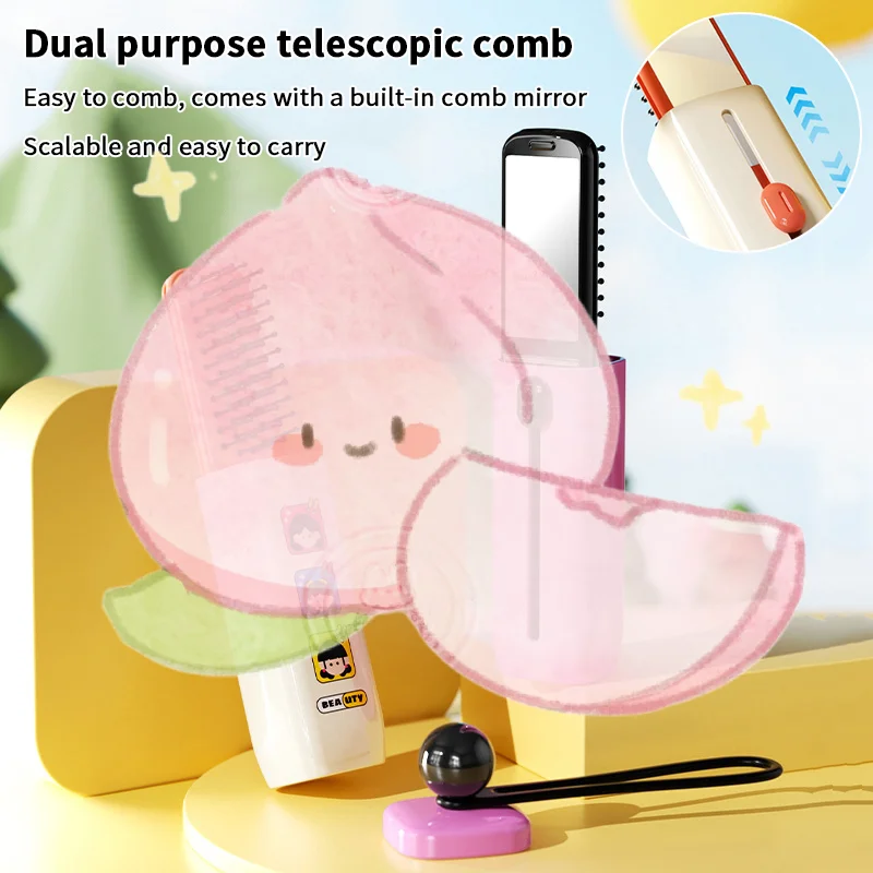 

Cartoon Retractable Hair Comb Mirror Comb Dual-purpose Massager Travel Outdoors Portable Hair Brush Cute Hanging Rope Decoration