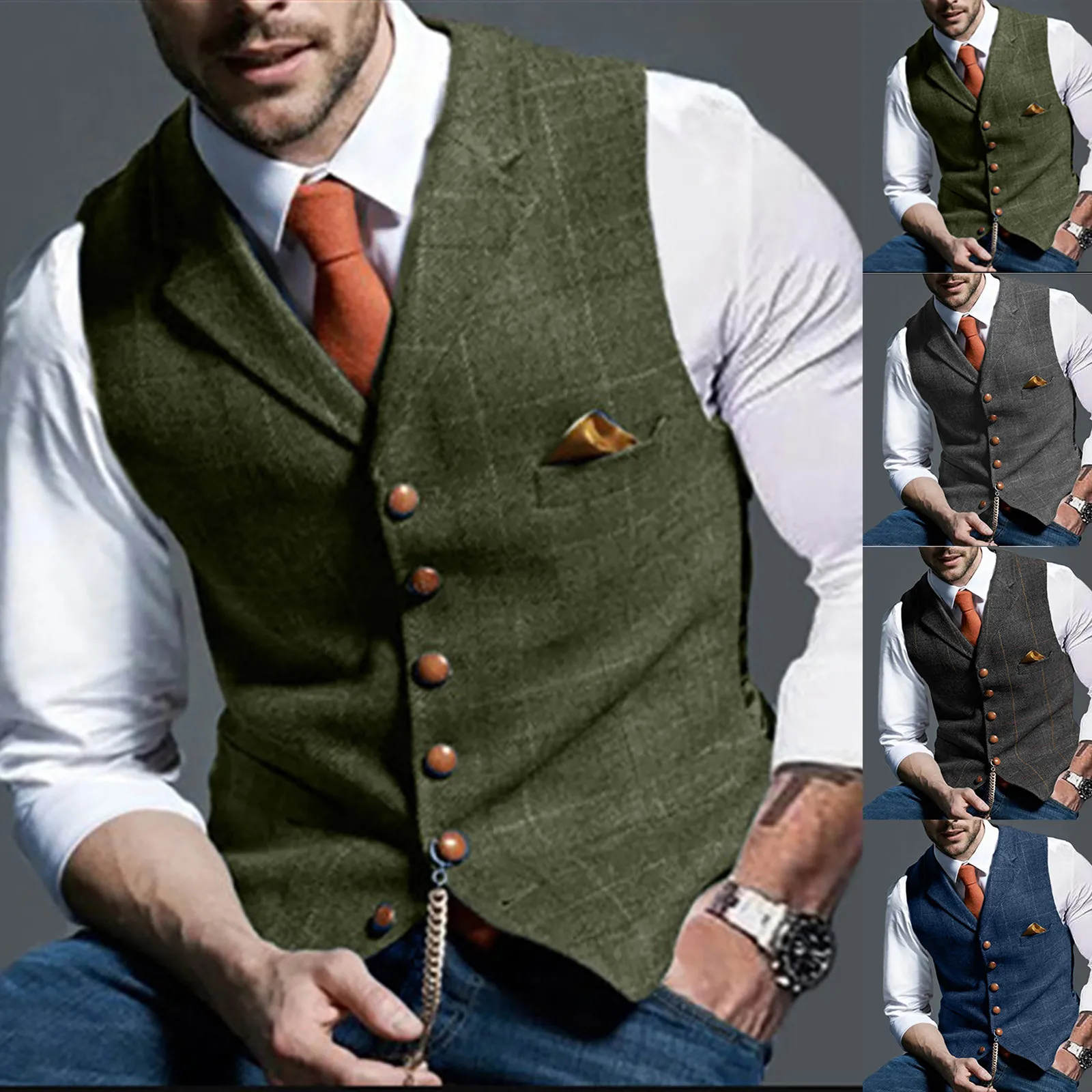 

Fashion Men'S Vests Lapel Tweed Plaid V-Neck Waistcoat Slim Fit Vest Business Formal Dress Suit Casual Wedding Tuxedo Male Vest