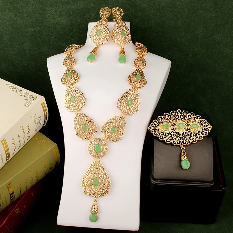 Conjunto de collar y pendientes de gota de agua para mujer, collar de boda marroquí, conjunto de joyería nupcial chapada en oro con diamantes de imitación verdes, Bisutería