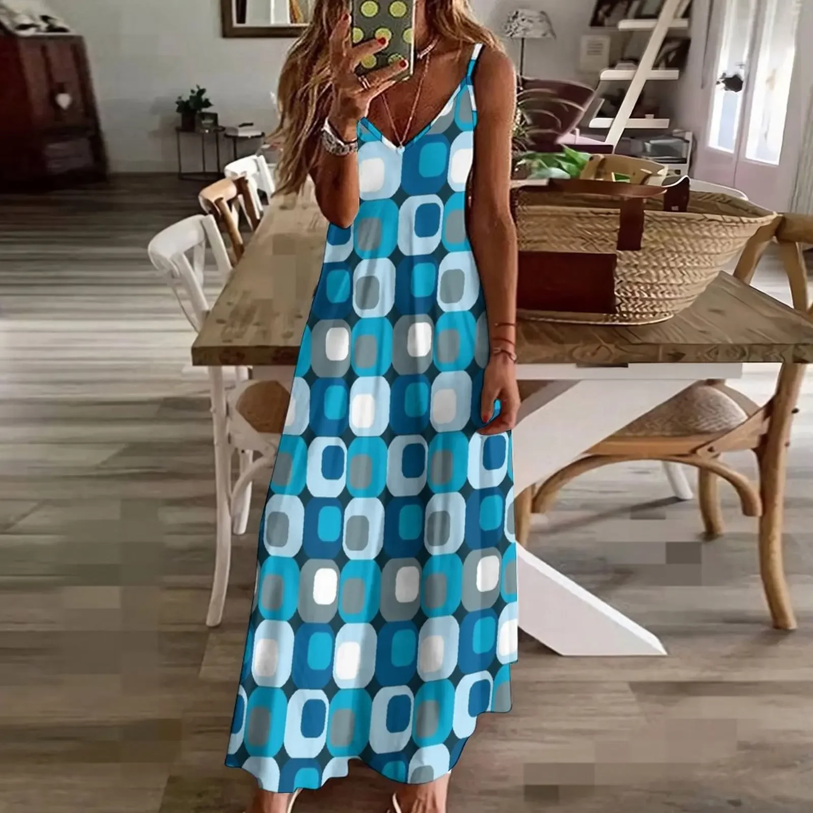 Retro Mod Blue Abstract Sleeveless Dress Clothing women's clothing trend 2024 dresses for womens 2024