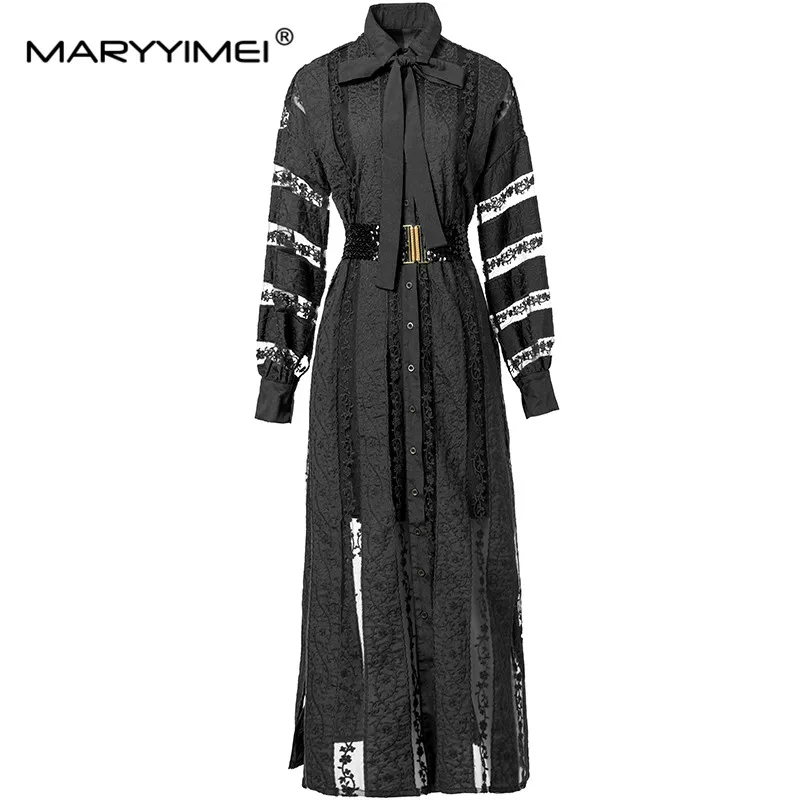 MARYYIMEI Autumn and Winter Women's Dress Turn-Down Collar Bow Lantern Sleeved Single Breasted Embroidery Design S-4XL Dresses