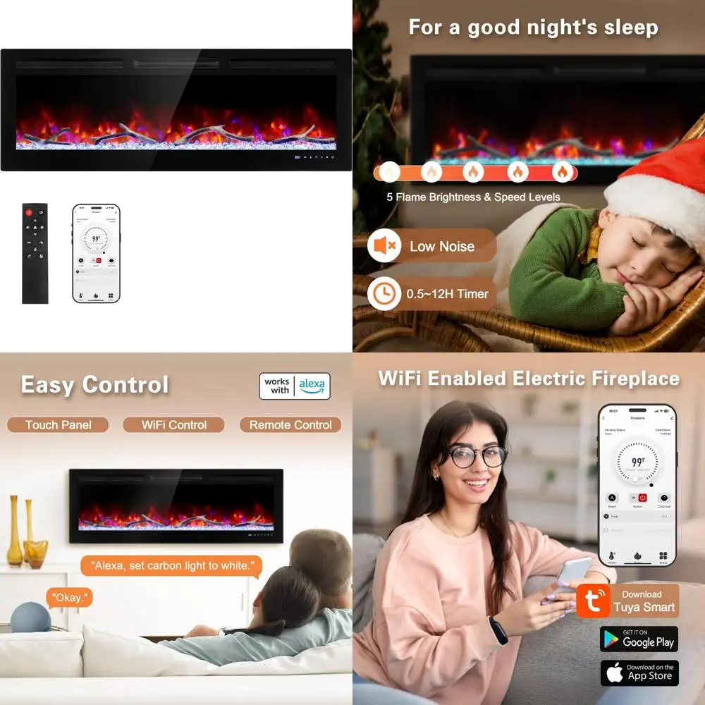 

50 Wall-Mounted WiFi Smart Electric Fireplace Heater with Timer, Child Lock & Crackling Sound