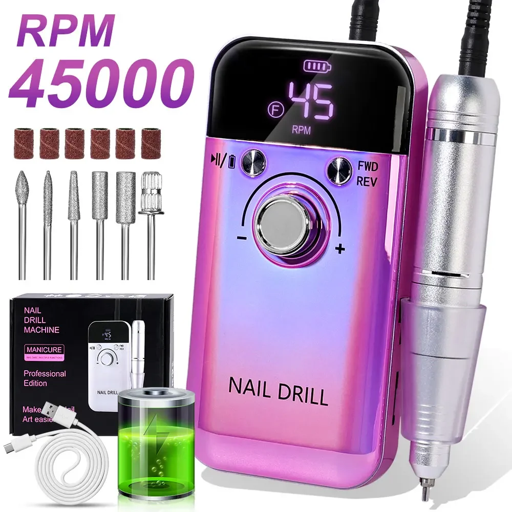 45000RPM Rechargeable Electric Nail Drill Machine Professional Nail Drills for Gel Nails Polish Portable Nail File Manicure Tool