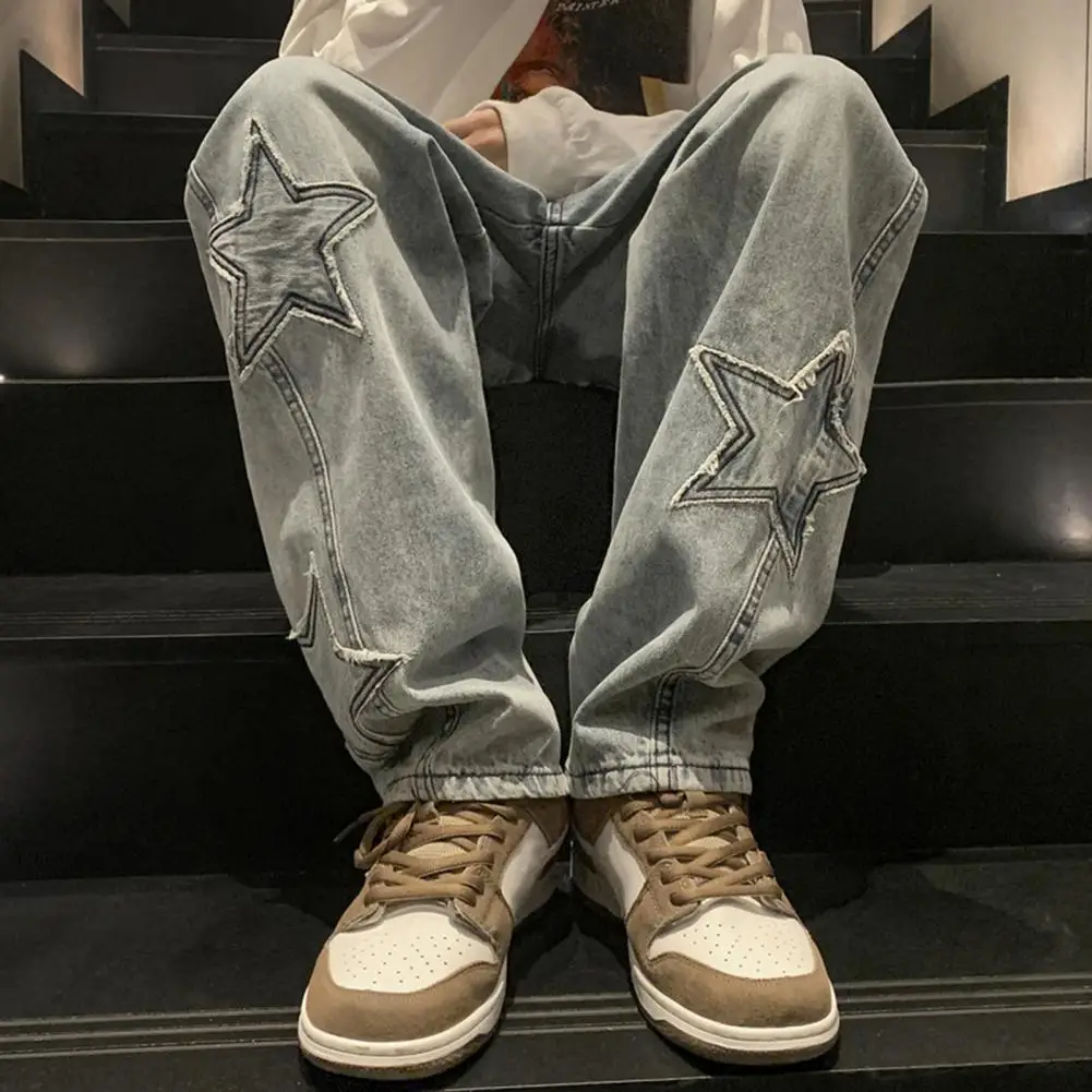 Men Denim Jeans Men's Women's Oversize Star Aesthetic Pattern Jeans Straight Wide Leg Denim Pants for High Street Fashion Grunge