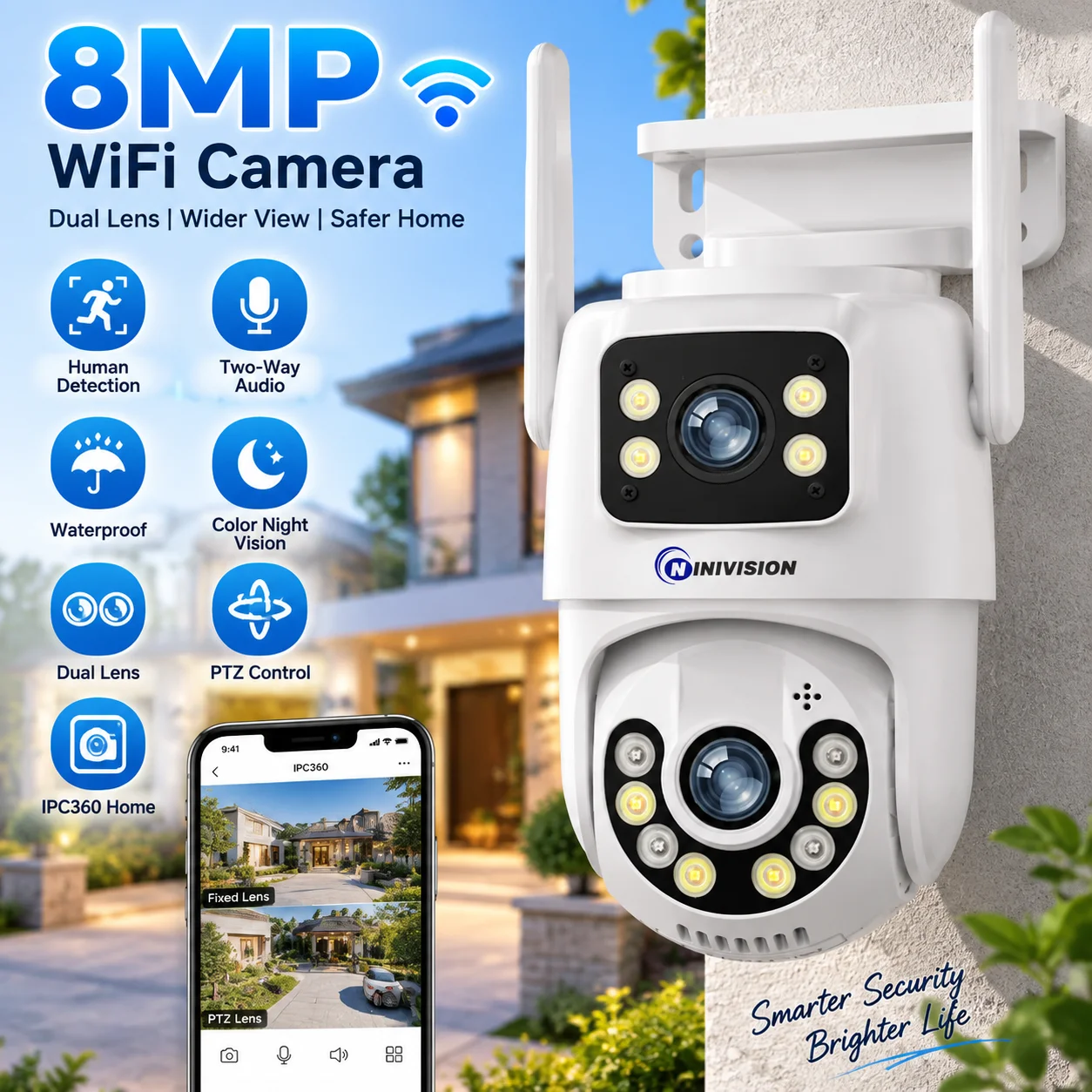 4K 8MP Dual Lens Dual Screens Mini Wireless Auto Tracking PTZ Camera Full Color Night Vision Outdoor Waterproof Wifi Camera