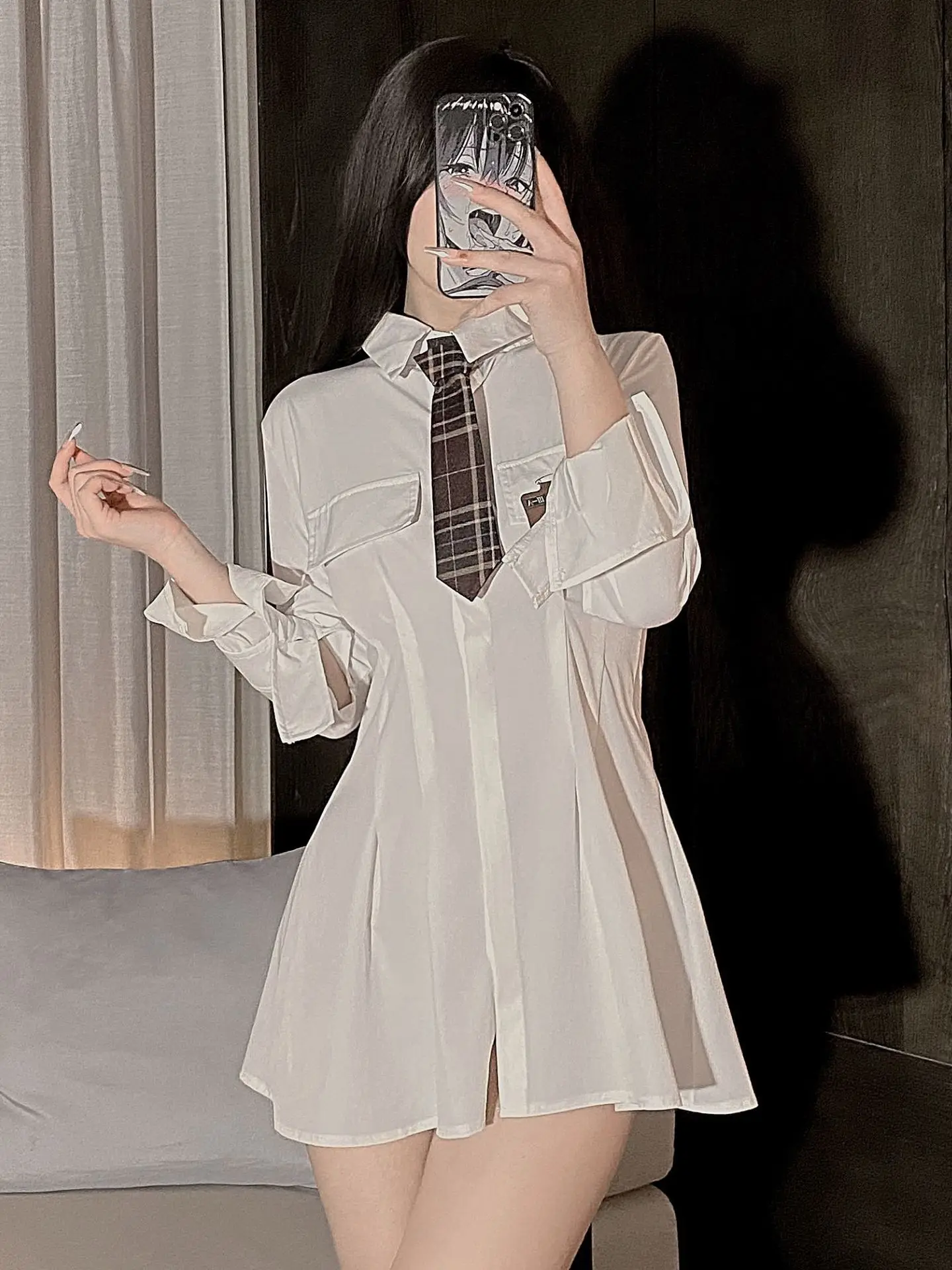 white Sexy Long Shirt Dress Waist Closure for Slimming Hip Covering Female Student loose perspective campus schoolgirl dress N3A