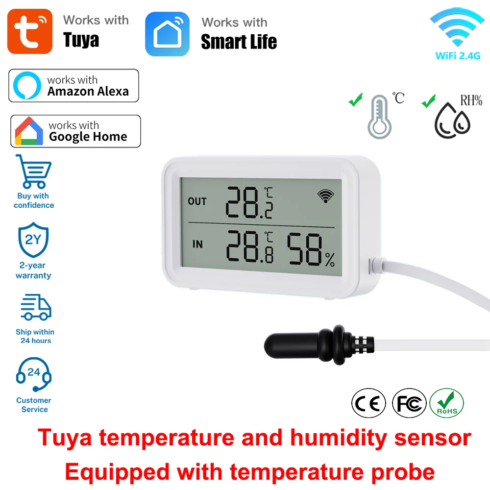 Tuya WiFi مستشعر درجة الحرارة والرطوبة الرقمي LCD متر hogar inteligente العمل مع الحياة الذكية Google Home مع مسبار خارجي #1