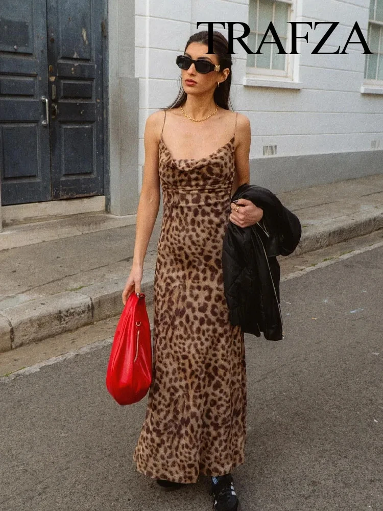 TRAFZA Women Fashion Leopard Print Sleeveless Backless Suspender Dress Summer Female Vintage Slim Casual Beach Party Long Dress