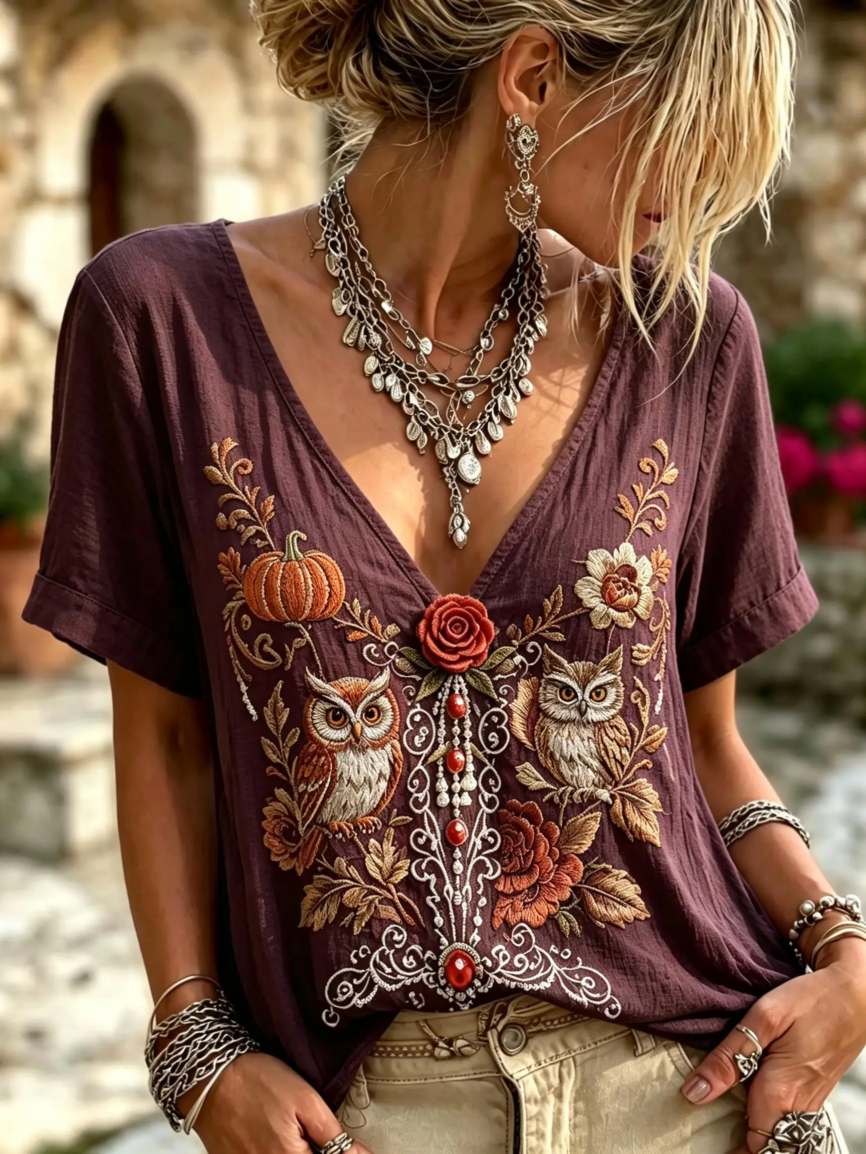 Women V‑Neck Short Sleeve T‑Shirt Faux Embroidery Print Tees Owl Pumpkin Floral Skeleton Rose Vintage Casual Loose Tops