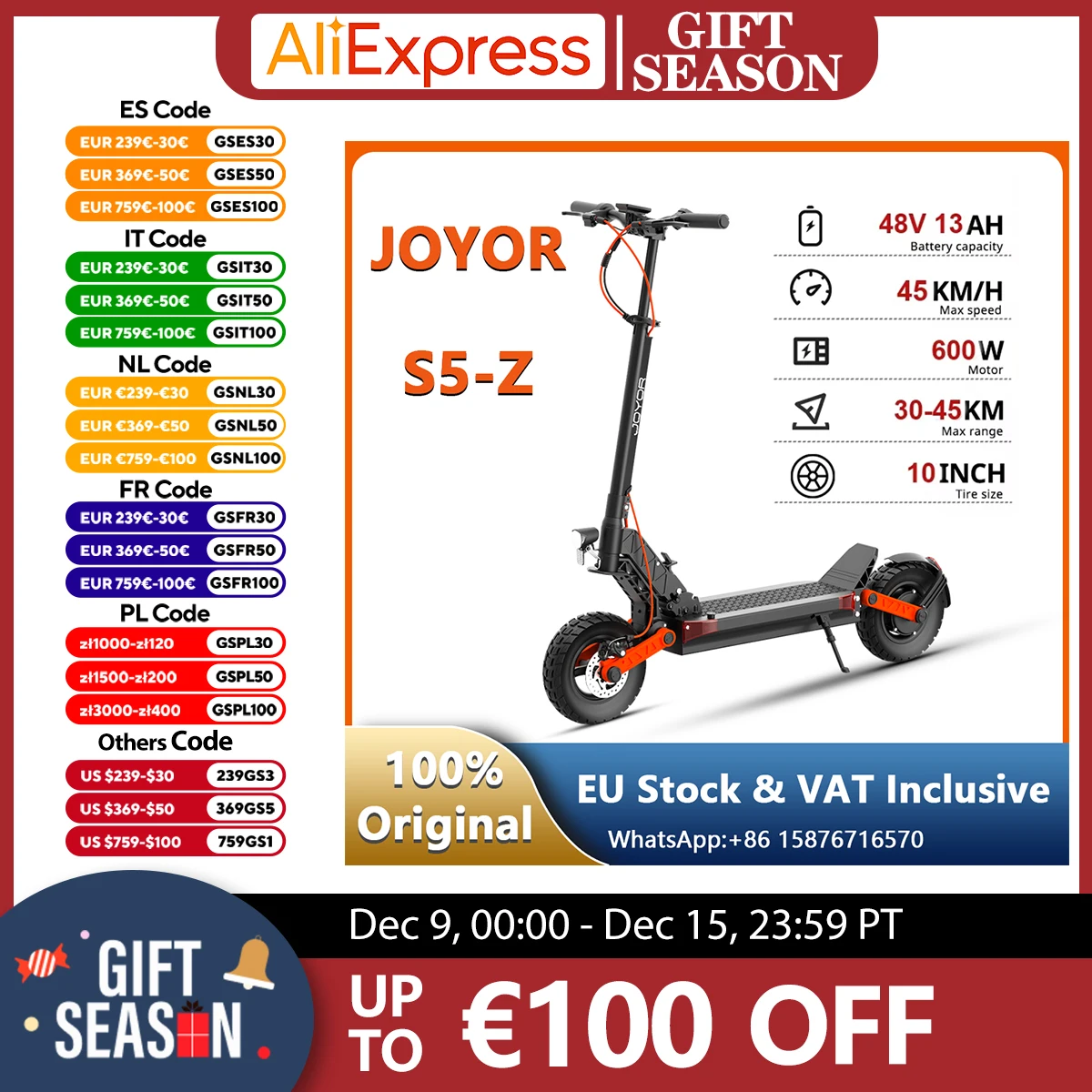 JOYOR S5-Z Foldable EScooters 600W Motor 48V13Ah Battery Adjustable Height Electric Scooter Adult 10*3.0 Widen Tires E-Scooter