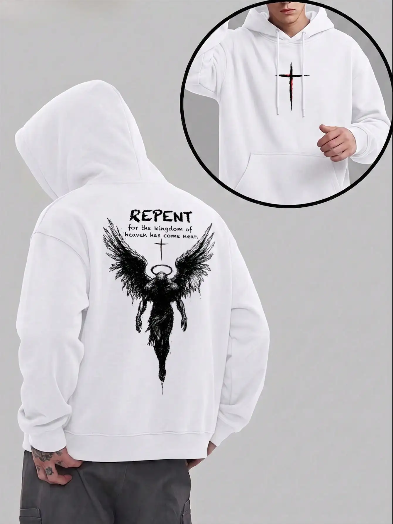 Men's Y2K Double Sided Print Cross Angel Graphic Hoodie Hip Hop Streetwear Casual Winter Long Sleeve Pullover Dark Gothic Letter Print Vintage