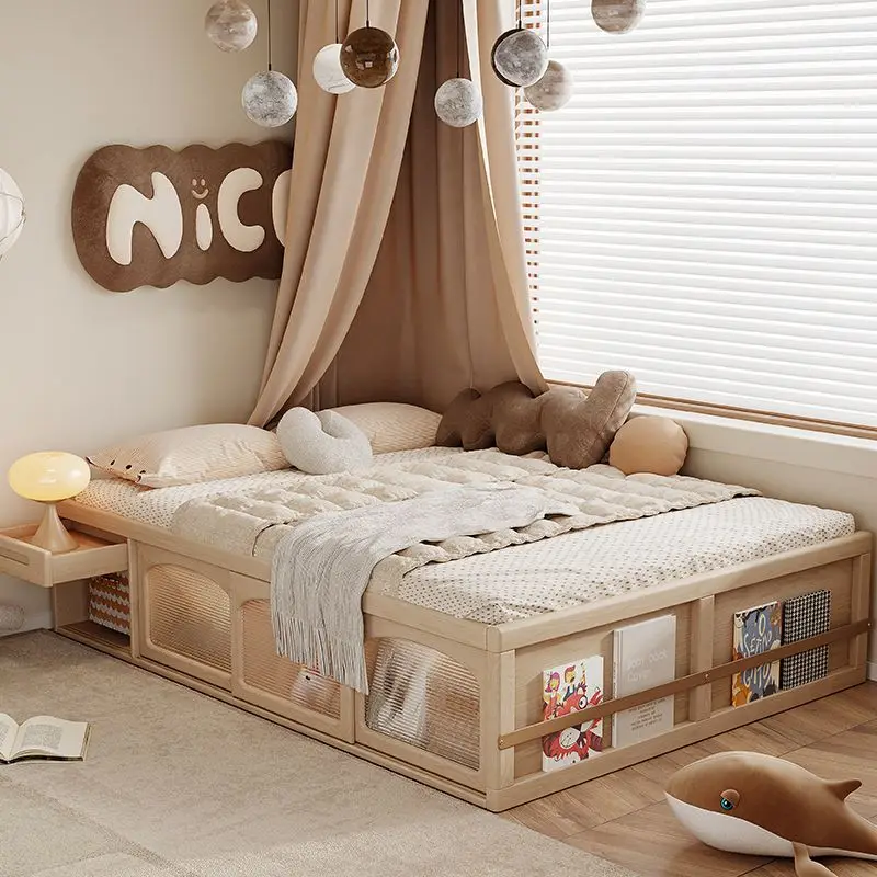 All solid wood high box storage bed tatami small apartment with fence girl children storage bed air pressure rod household