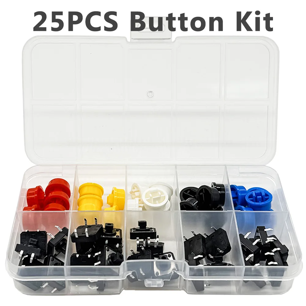25PCS 12*12*7.3MM Micro Switch Button Circular Cap Kit (5 Colors) for R3 Board Switchs Kit  Tactile Push Button Switch Momentary