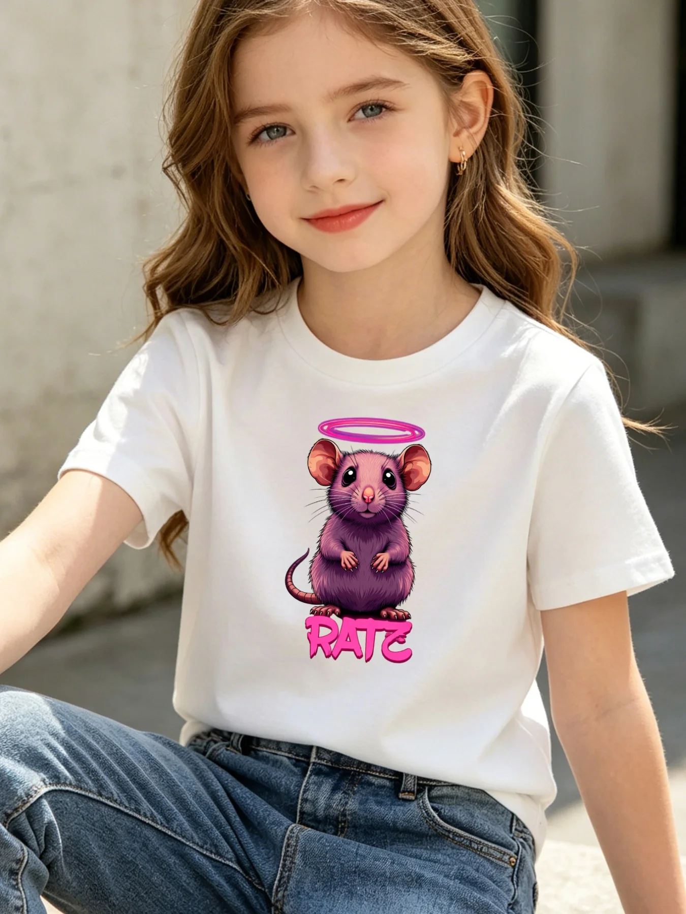 Cute Purple Angel Rat Print Kids T Shirt Boys Girls Short Sleeve Tee Funny Ratz Graffiti Parent Child Matching Toddler Youth Top