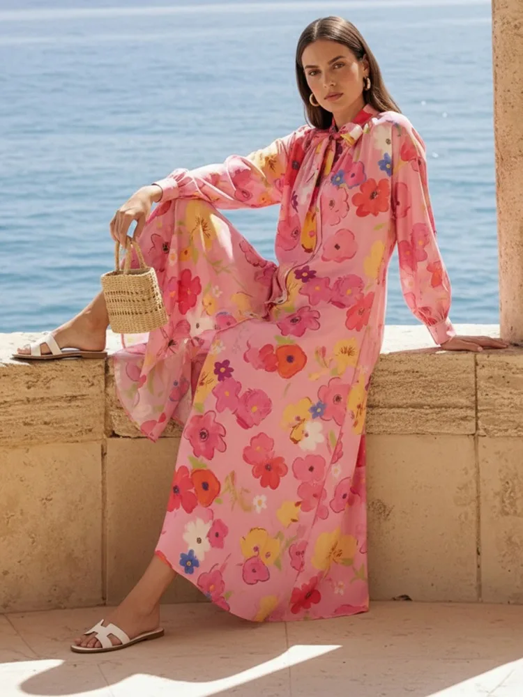 Freeacy 2026 Damen Buntes Blumenmuster Süßes Kleid mit Schleifenkragen, Langen Ärmeln, Locker Geschnitten, Knopfleiste, Midi-Länge, Partykleid