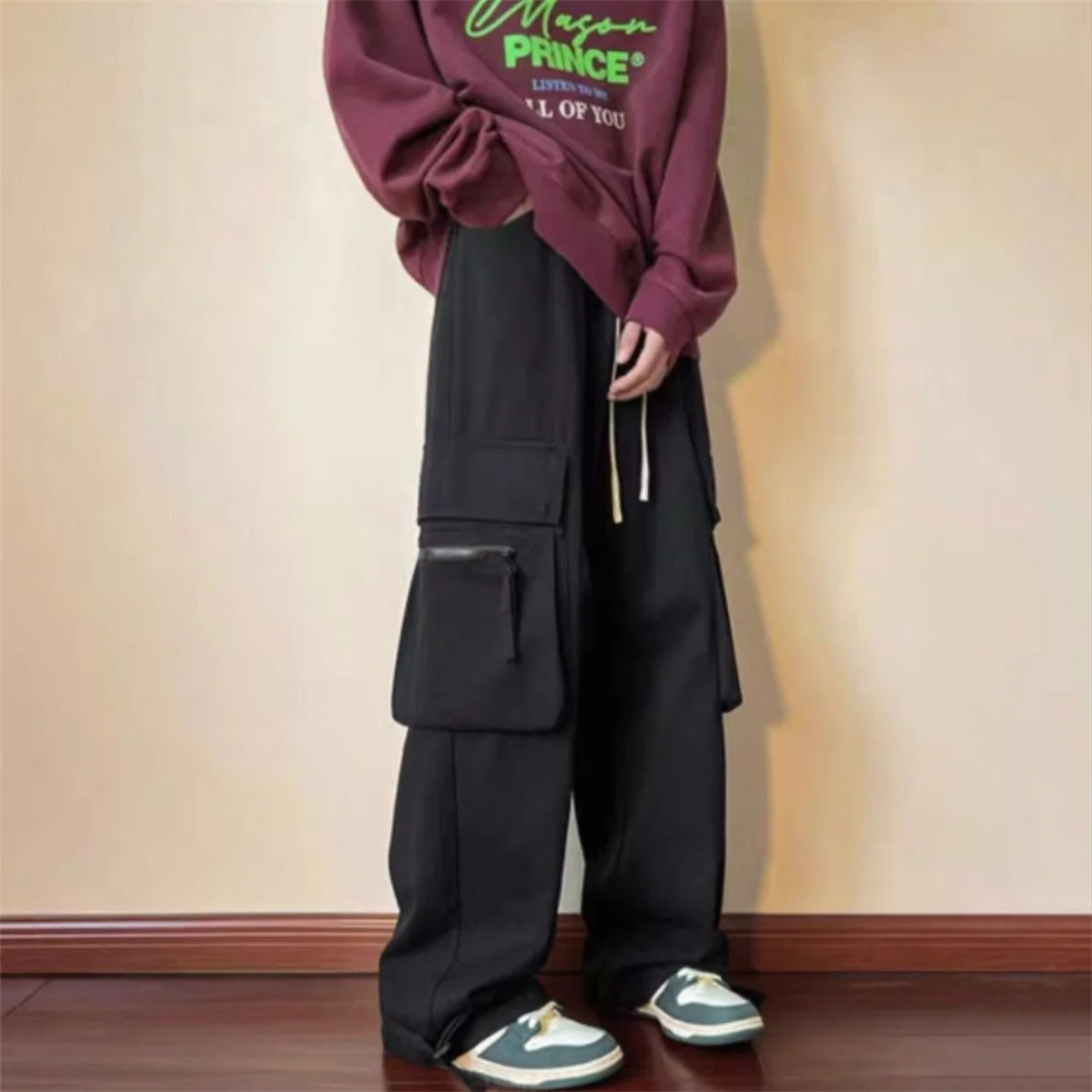 

Black Hip Hop Spring Autumn Cargo Pants Cool Mountaineering Pants Casual Harajuku Work Pants Summer Punk Zip Pocket Pants Boys
