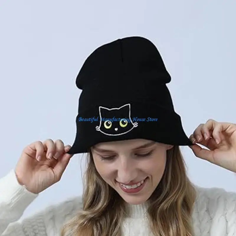 E56A Warm Hat Pullover Hat Embroidered Kitten Hat Warm Hat Skull Caps