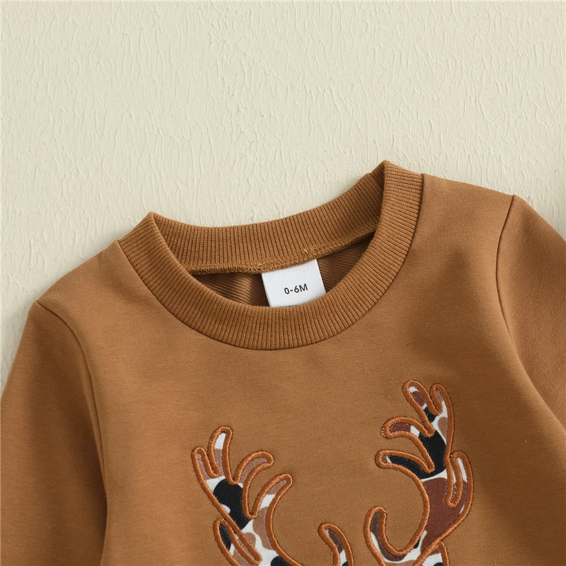 

Toddler Baby Boys Fall Clothes Reindeer Head Embroidery Long Sleeve Round Neck Pullover Tops Elastic Waist Camouflage Pants