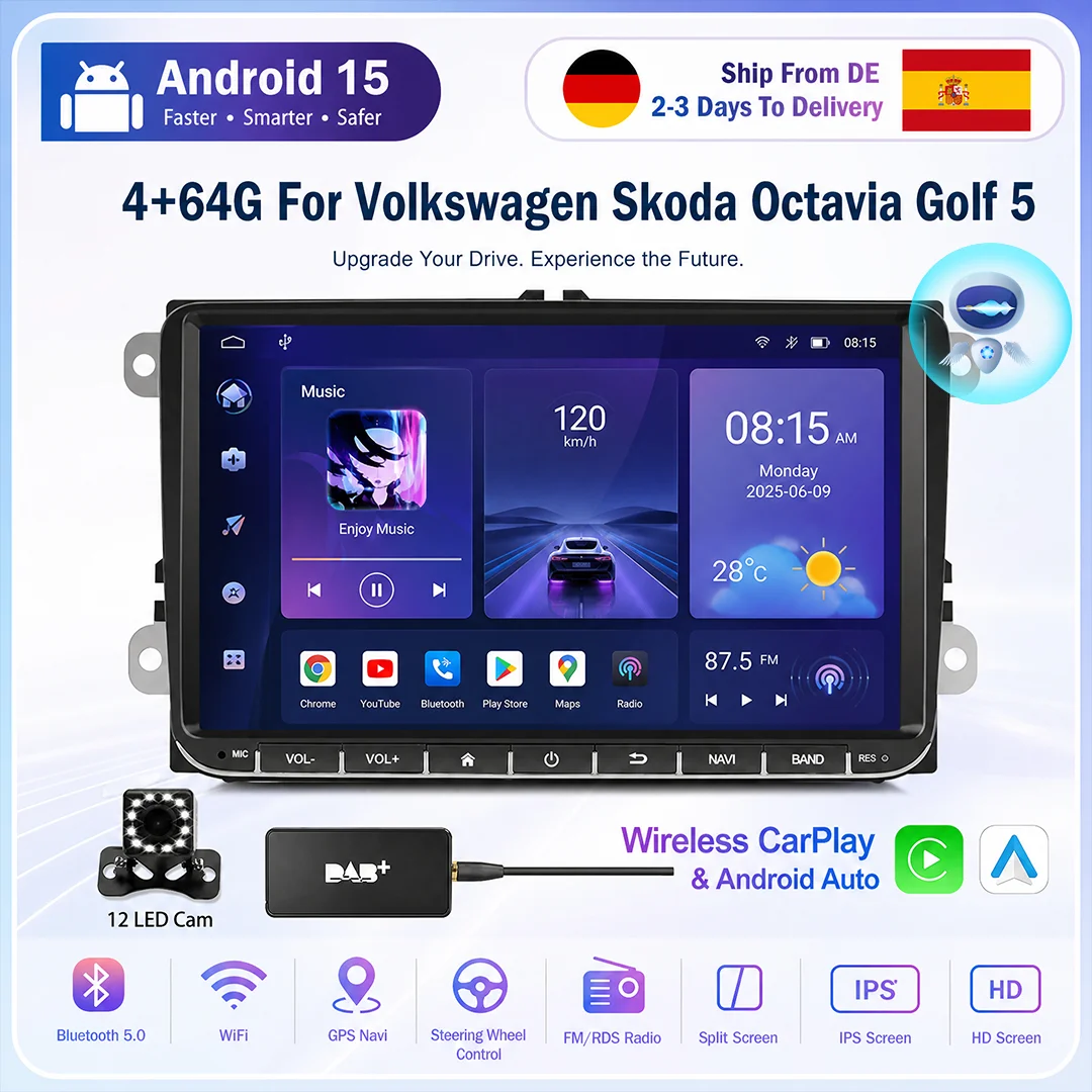 ESSGOO Android 15 Autoradio mit Carplay für Volkswagen Passat b6 b7 Golf 5 6 Polo Jetta Skoda Auto-Multimedia-Player GPS WiFi RDS
