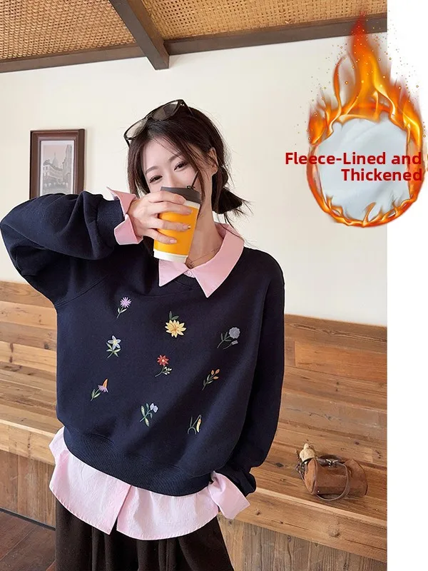 

Женская толстовка в корейском стиле с флисовой подкладкой и утолщенным воротником, осенне-зимняя модная повседневная толстовка с вышивкой, уличная одежда