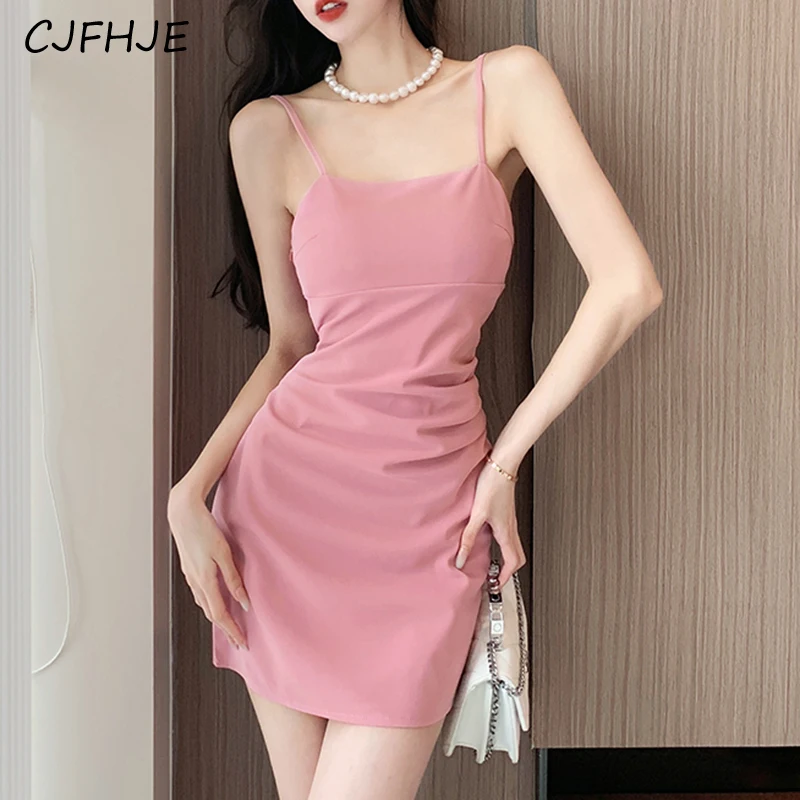 

CJFHJE New Women's Chinese Style Fashionable Pleated Short Suspender Dress Solid Color Sexy Women Buttocks Wrapped Dresses