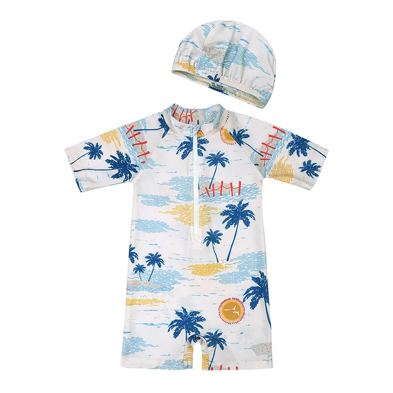 Baby Boy Swimming Costume Baby Swimsuit Infant Toddler Boys Shark Print Swimwear Zipper 1Piece Short Sleeve Beach Bathing Suits