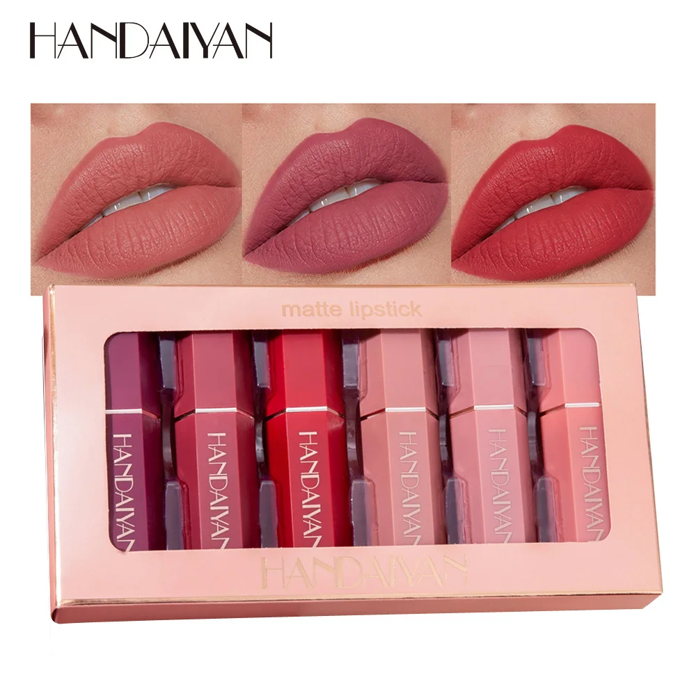 

HANDIAYAN 6 Colors/Box Nude Velvet Lipstick Kit Makeup Cosmetics Cream Matte Lip Stick Set Waterproof Silky Matt Lip Balm Pencil