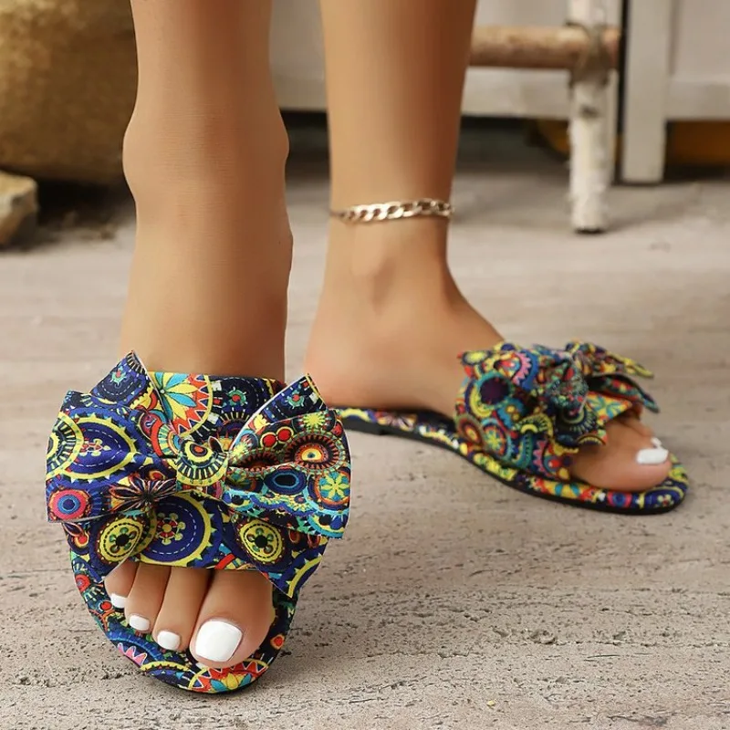 

Fashion Retro Woman Shoes 2026 Summer New Round Toe Flat Shoes Simple Women's Bow Slippers Anti Slip Women Beach Shoe Zapatos