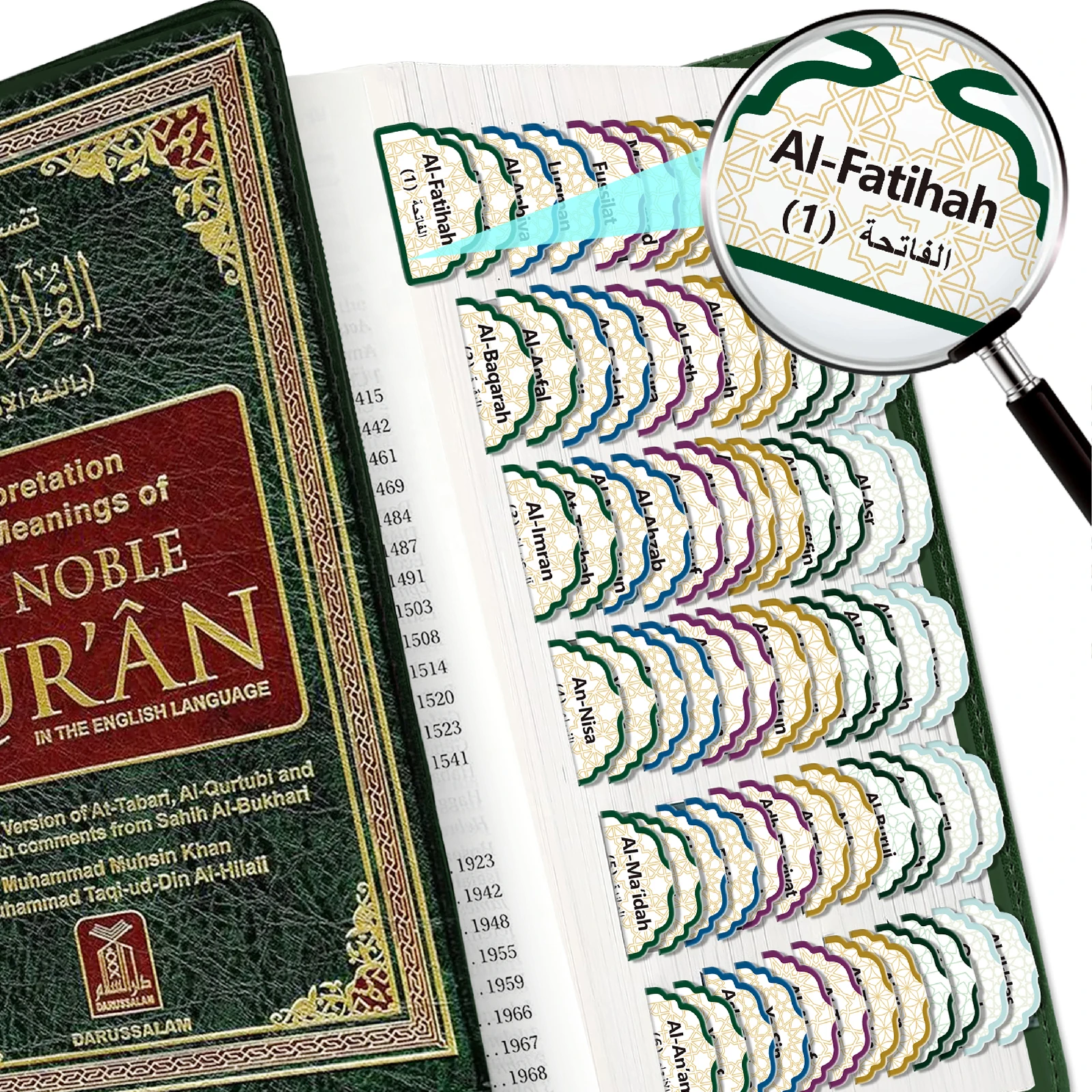 120 Pcs Quran Surah Tabs Stickers,(English& Arabic) 114 Printed Surah Chapters +6 Blank Self‑Adhesive Book Page Marking Labels