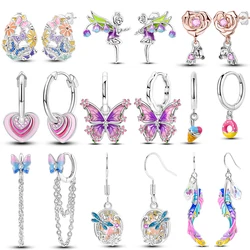 Spring Series Earrings For Women 925 Silver Butterfly Elf Dragonfly Flower Rose Ear Studs Earrings Fine Valentine's Day Jewelry