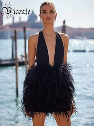 VC Party Dresses For Women Sexy Halter Deep V Neck Backless Luxury Ostrich Feather Crystal Prom Short Gown Black Bandage Cloth