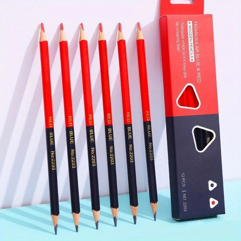 12Pcs Redness & Blue Pencil Checking Pencil Double Ended Colored Erasable Pencil Pre-Sharpened Pencil for Checking Student Writi