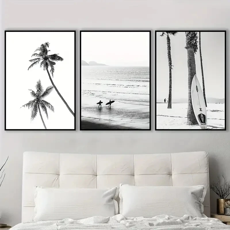 

3pcs Simple Black and White Coastal Surfboard Landscape Canvas Poster Print, Modern Living Room and Bedroom Home Decoration