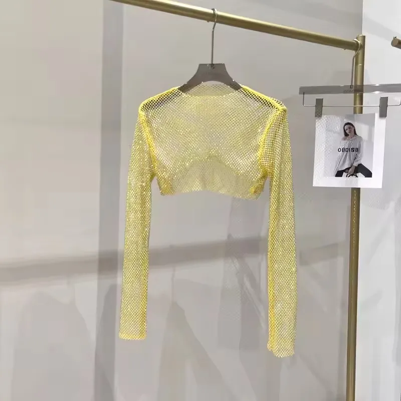 2025 New Summer Sexy Bright Diamond Short Thin Tops Slim  Hot Drill Long-sleeved T-shirt Sexy Leak Waist Blouse