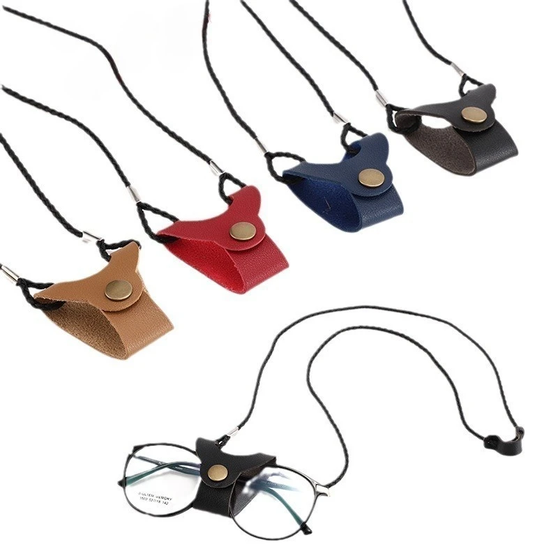 ROXI Unisex Retro PU Leather Sunglasses Case with Hanging Neck Chain Anti-Slip Lanyard for Men And Women