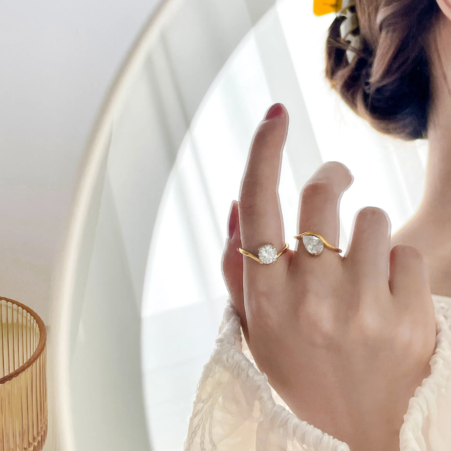 Waterproof 18K Gold Plated Stainless Steel Twist Irregula Cubic Zirconia Thin Stackable Rings Women Minimalist Finger Jewelry