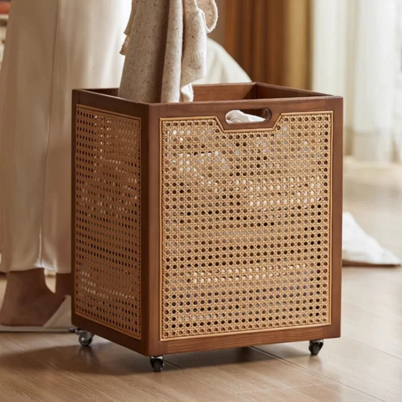 

Walnut Color Dirty Clothes Basket Vine Weaving Design Laundry Hamper Toys Storage Bucket Good-looking Laundry Basket with Pulley